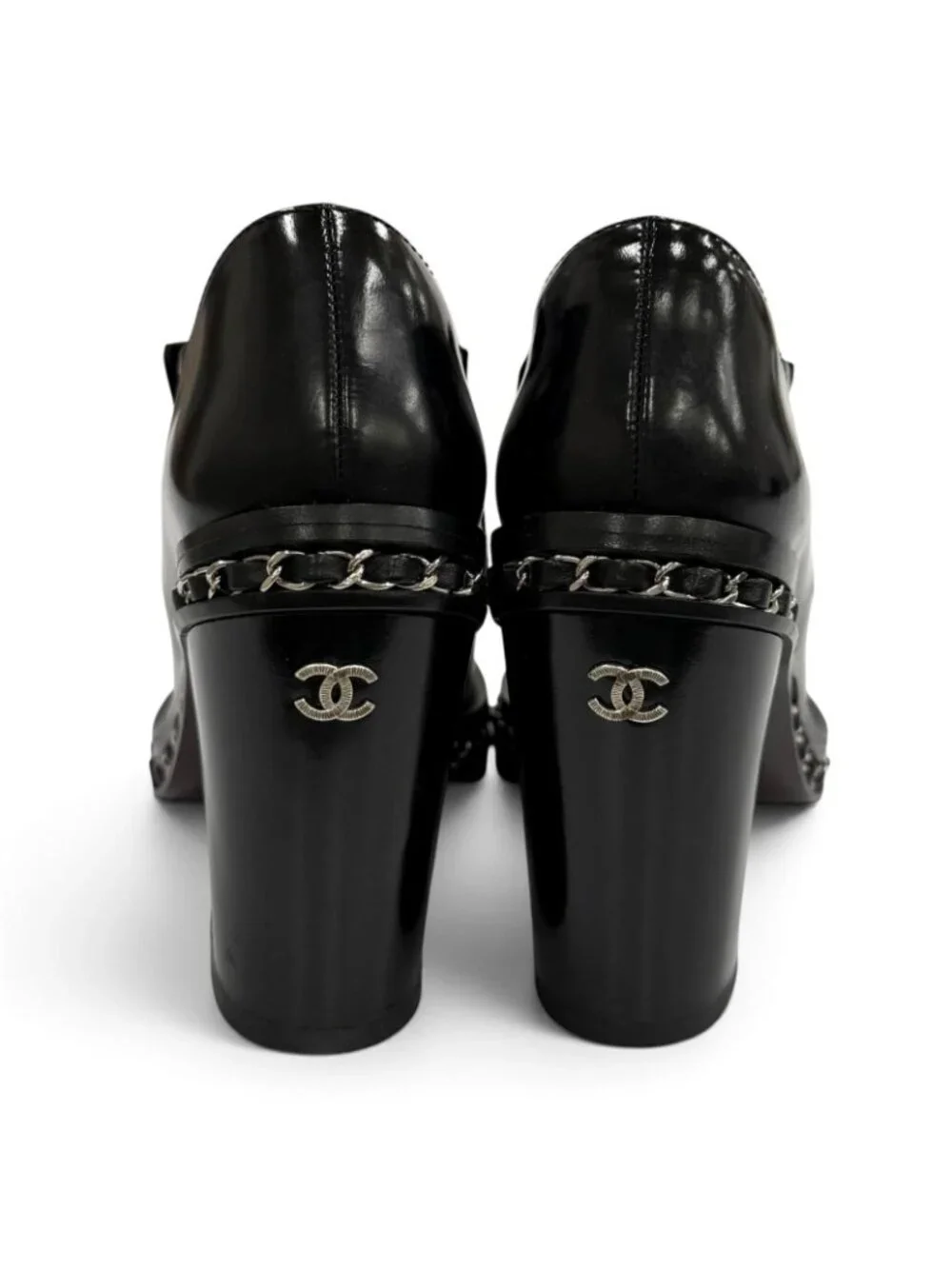 Chanel Leather Loafers Bootie with CC Logo Chain Black Silver 36.5 Boot